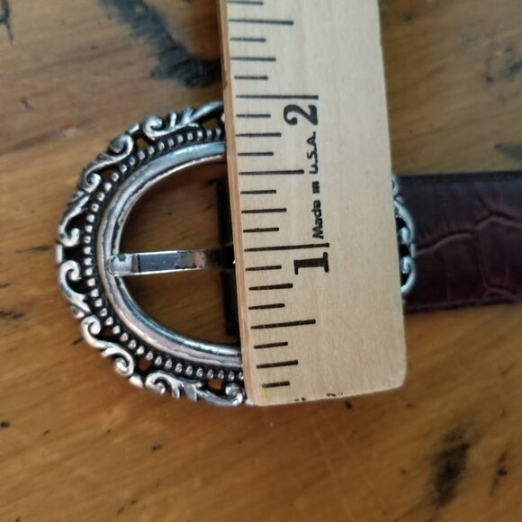 Reversible Women's Brown & Black Leather Belt, Scrollwork Buckle Mock Crock Boho - Picture 7 of 13